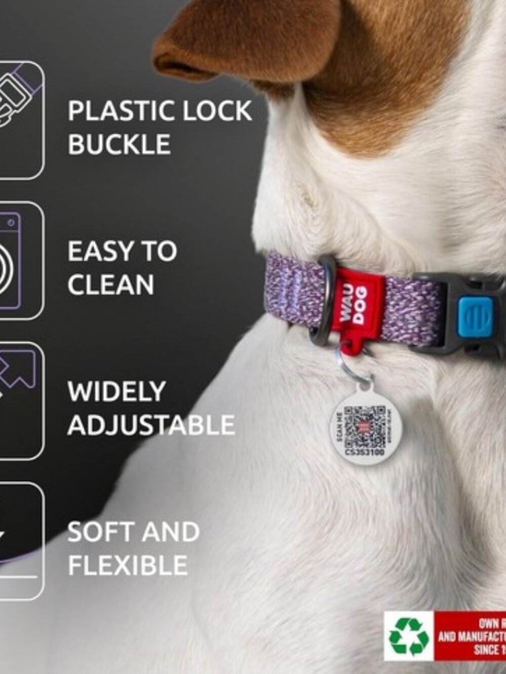 WAUDOG Reflective Cotton Dog Collar Eco Friendly Nylon Collar Small Purple QR ID - Picture 11 of 12